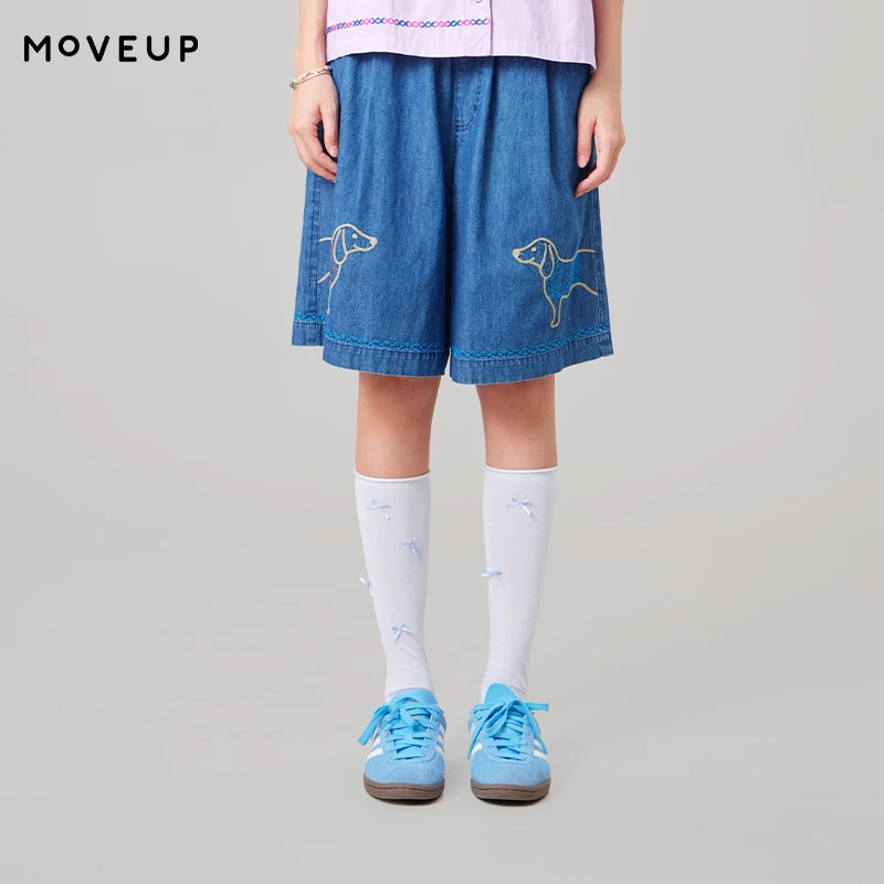 MOVEUP Denim Straight Shorts 2026 Summer New Pure Cotton Elastic Waist Pocket Embroidery Commuting Shorts For Women 3ELX40117