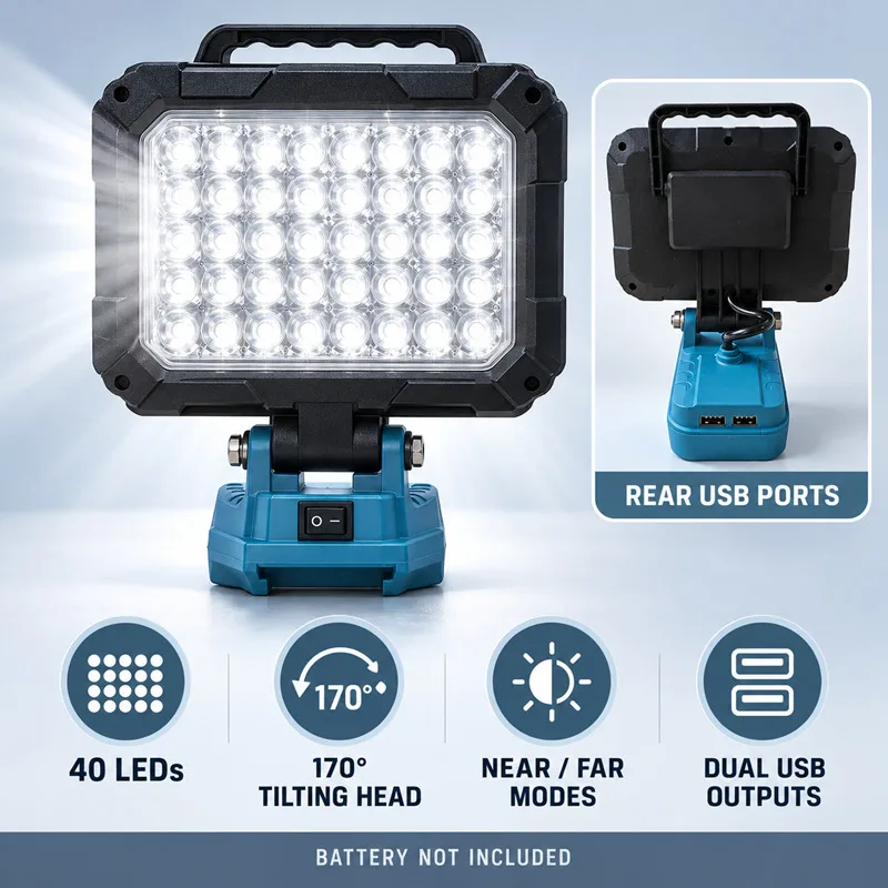 Car Repair Worklight FOR Makita 14.4V 18V Battery 40 LEDs, 170 Degree Tilting Head, Dual USB Ports and Handle for Car Inspection