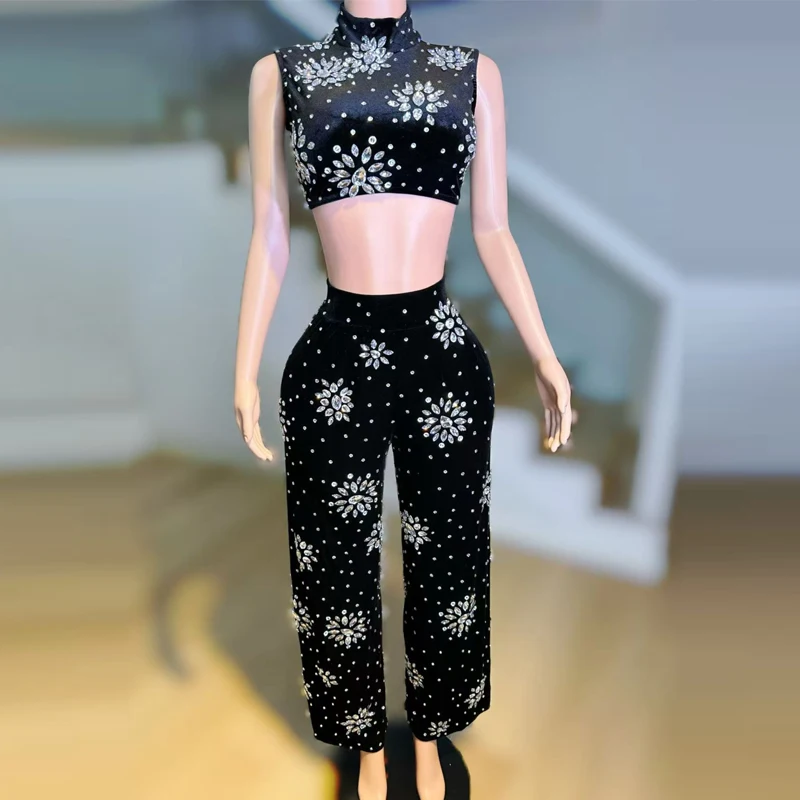Sparkly Schwarz Strass Top Hosen Frauen Jazz Dance Kostüm Bühne Festival Outfit Bar Nachtclub Ds Dj Gogo Dance Wear XS9921