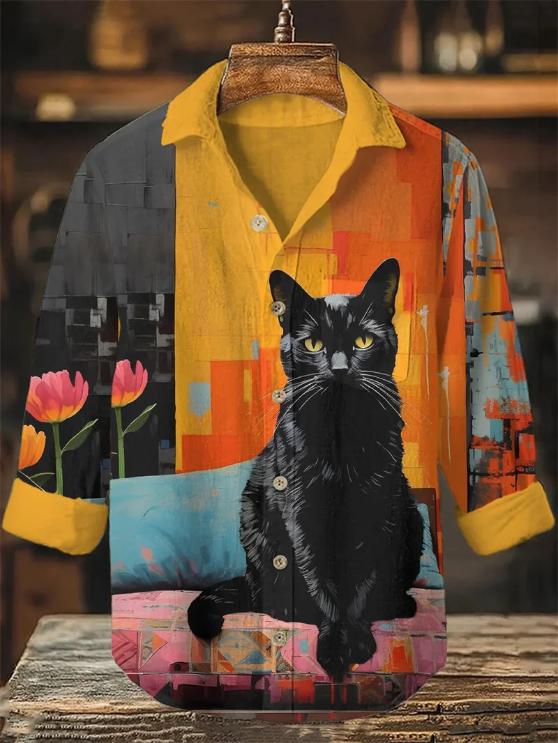 

Fashion New Men's Linen Shirt Dinosaur Kitten 3D Printed Shirt Long Sleeve Casual Beach Shirt Vintage Shirt Men's Top