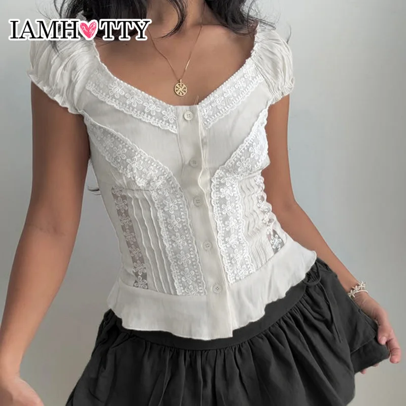 

IAMHOTTY Floral Lace Patchwork V-neck Shirt French Elegant Fashion Button-up Short Sleeve Top Chic Coquette Aesthetic Blouses