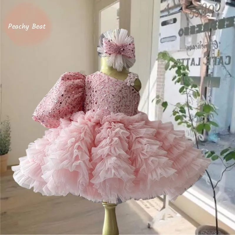 Baby Girl Princess Sequins Dress Diagonal Shoulder Infant Toddler Child Tulle Vestido Party Wedding Pageant Baby Clothes 1-14Y