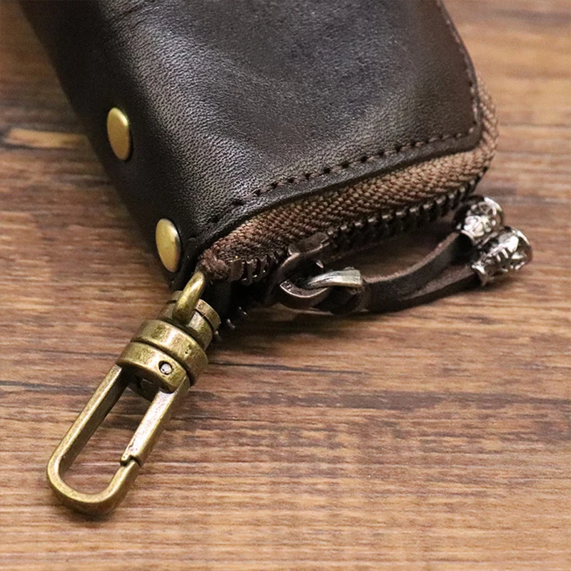 Genuine Leather Key Wallet for Men Short Vintage Handmade Zipper Car Key Holder Coin Purse Card Case Bag Organizer Housekeeper