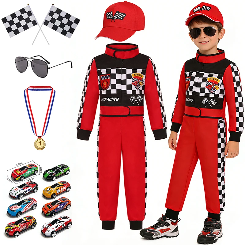 Kids Racer Costume Deluxe Set Halloween Cosplay Checkered Racing Jumpsuit Boys Outfits Carnival Birthday Party Children Clothing