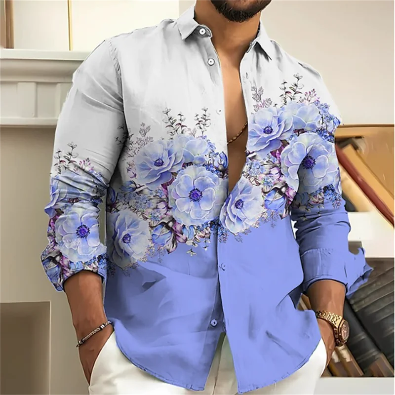 Fashion 2023 Men\'s Shirt Floral Pattern 3D Printing Pink Blue Purple Gray Outdoor Street Long Sleeve Clothing Designer Casual