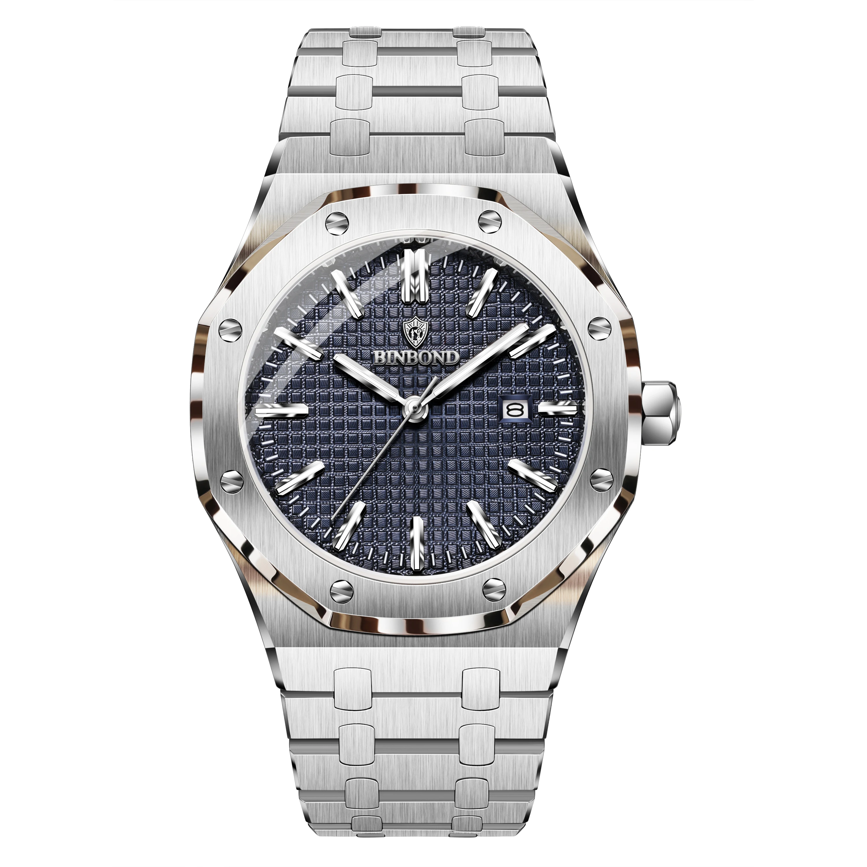 BINBOND Men Quartz Watch, Luminous Hands, Octagonal Case with Screw Decor Bezel, Alloy Band, Luxury Business Casual Wristwatch