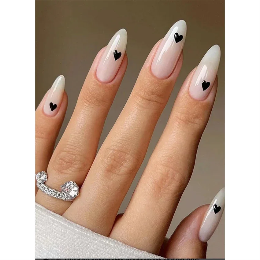 Arte acrílica de unhas falsas, Amêndoa longa branca, Coração Negro Oval, Imprensa Artificial Removível no Prego, Hot Sale, 24Pcs Set