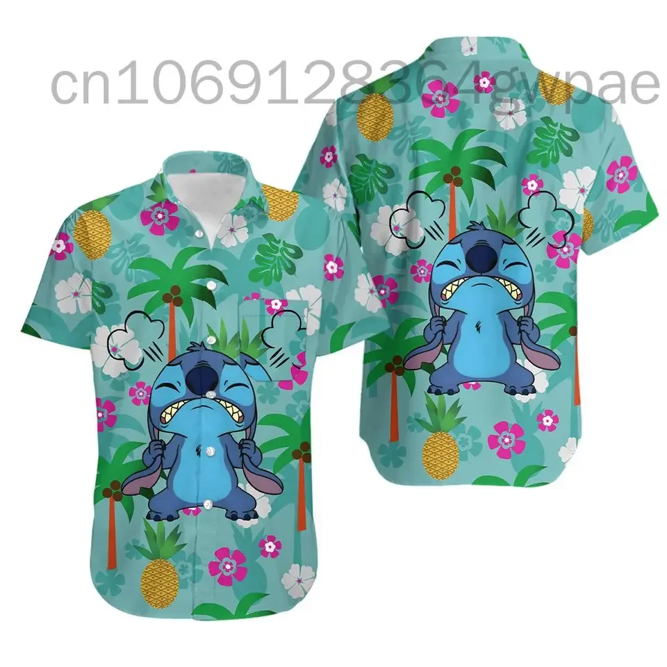 Disney Stitch i Lilo koszula hawajska męskie damskie z krótkim rękawem koszula plażowa Disney Cartoon urocze casualowe zapinana koszula hawajska