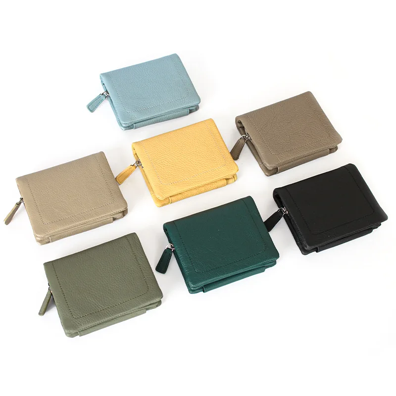 Real leather short square wallet men's and women's soft pickup clip zipper buckle large capacity multi-functional thin wallet