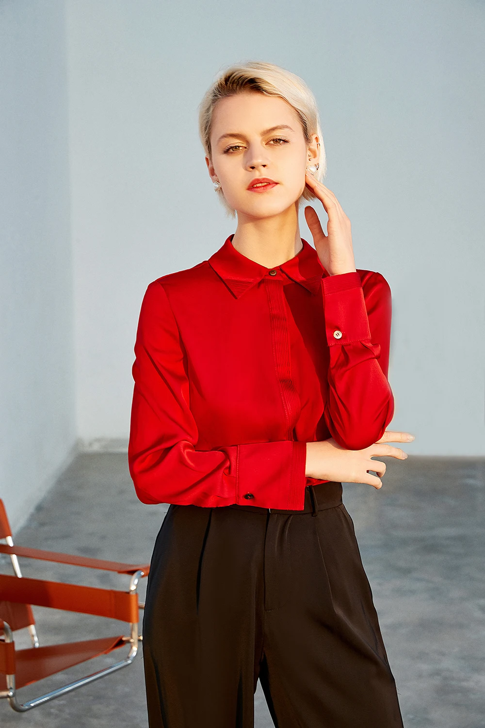 Rocwickline New Summer and Autumn Women's Shirt Mulberry Silk Celebrities Solid Turn-down Collar Button Easy matching Slim Shirt