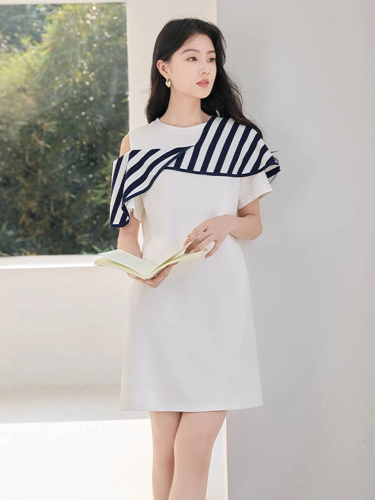 

Casual Striped Patchwork Dress Fashionable Design Korean Style Straight Cut Short Sleeve Women's Dress Elegant And Stylish