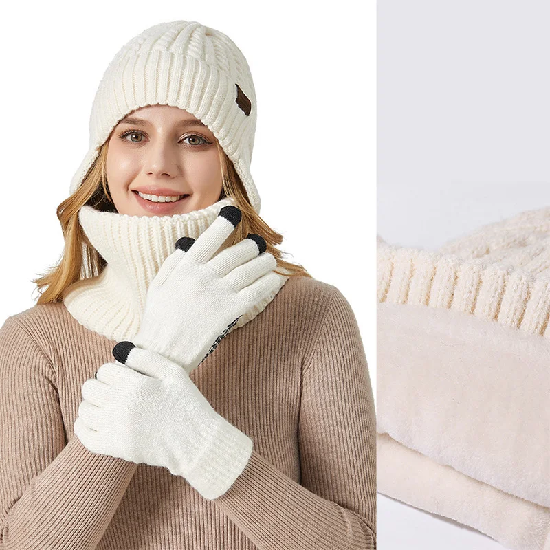 Bufanda de felpa para hombre y mujer, gorro y guantes de punto con protección para los oídos y pantalla táctil, traje de lana cálido para el cuello,