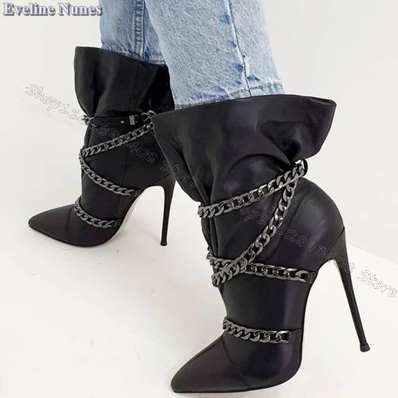 Black Chain Trim Decor Ankle Boots Personality Pointed Toe Stiletto Heels Spring Fashion Party Women Boots Zapatos Para Mujere