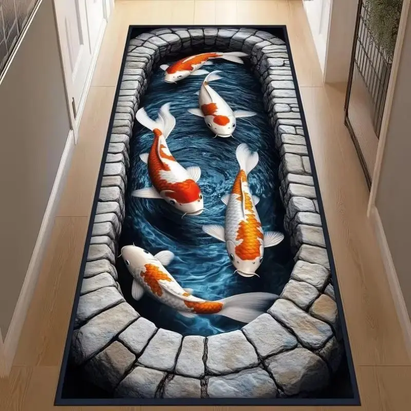 VIKAMA 3D Koi Fish Stone Pond Runner Rug Non Slip Absorbent Long Floor Mat Oriental Lucky Carp Hallway Home Decor