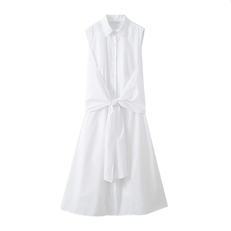 YENKYE New Women Front Knotted White Shirt Dress Lapel Collar Sleeveless Female High Street Summer Dresses