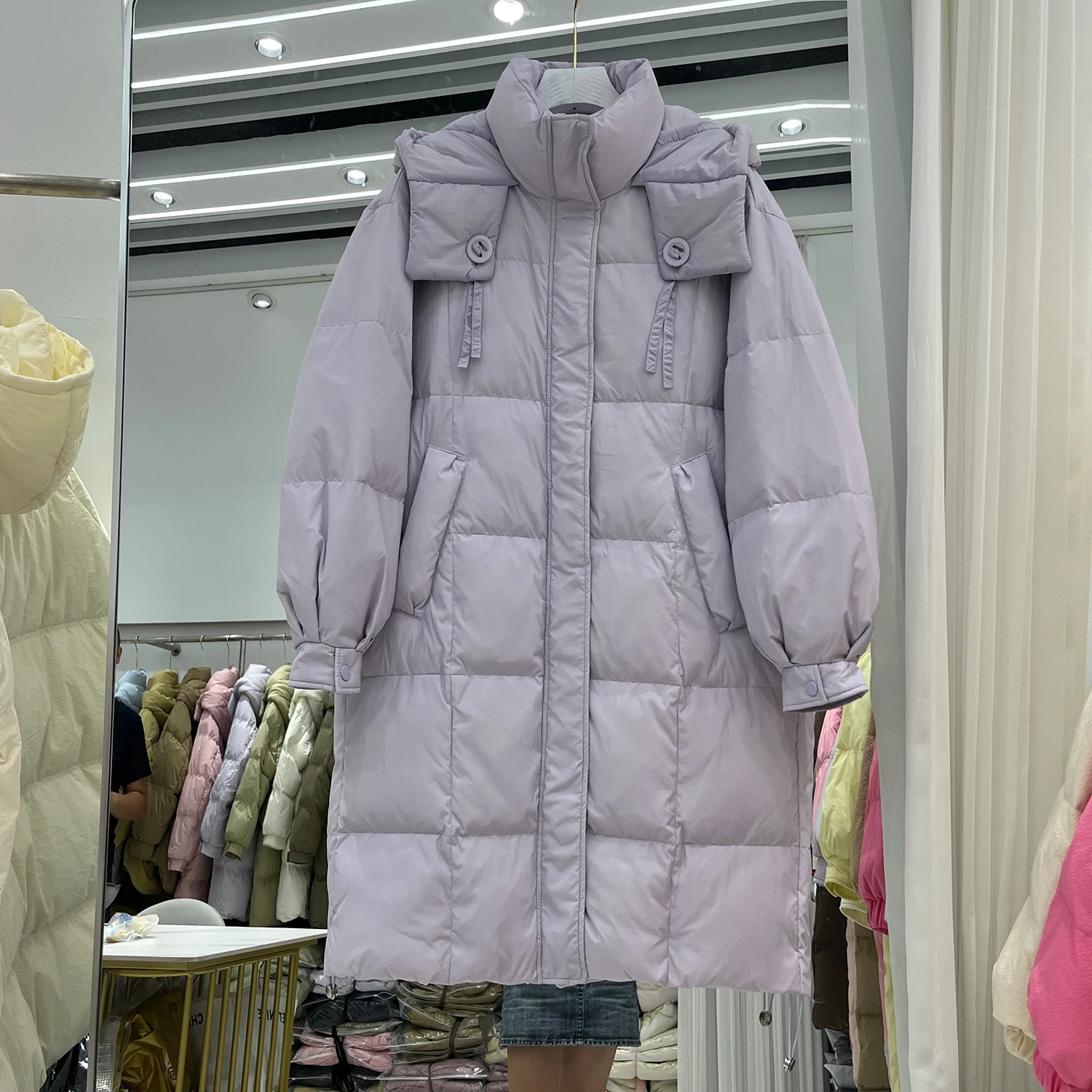 Winter Long Solid Puff Hooded Down Jacket Women White Duck Down Thick Down Jackets Female Warm Loose Parker Knee Length Outwears