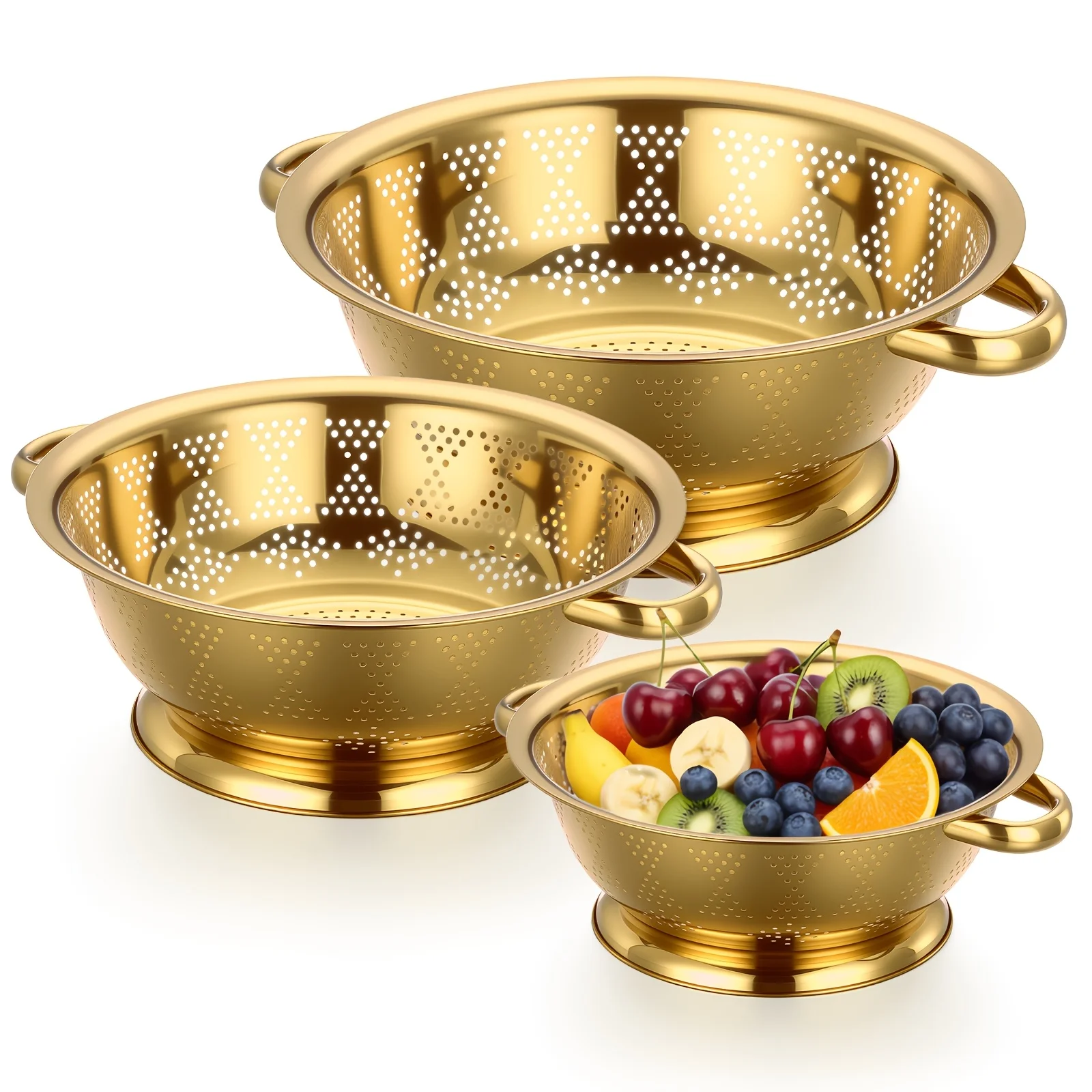 

3pcs Colander Set 1/2.5/4 Quart Stainless Steel Colander Strainer Basket With Handles Kitchen Strainer For Draining Spaghetti
