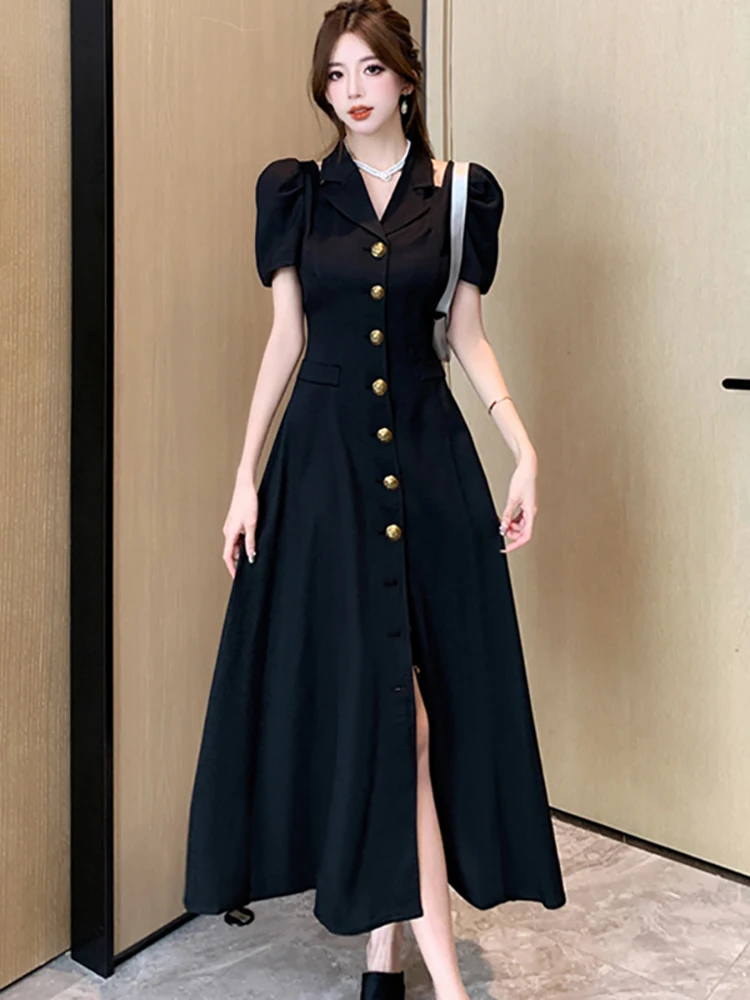 2024 Black Single Breasted Elegant Suit Maxi Dress Summer Short Sleeve Chic Off Shouler Dress Women Korean Vintage Hepburn Dress