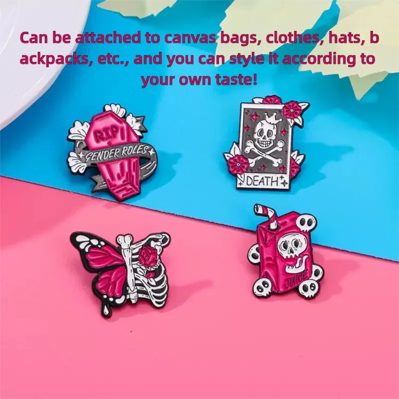 HeYe الأوروبية والأمريكية عيد الهالوين الوردي الجمجمة سلسلة شارة، الملابس، قبعة، حقيبة الظهر، وحقيبة، ومجموعة هدايا بروش - 4 قطع #1