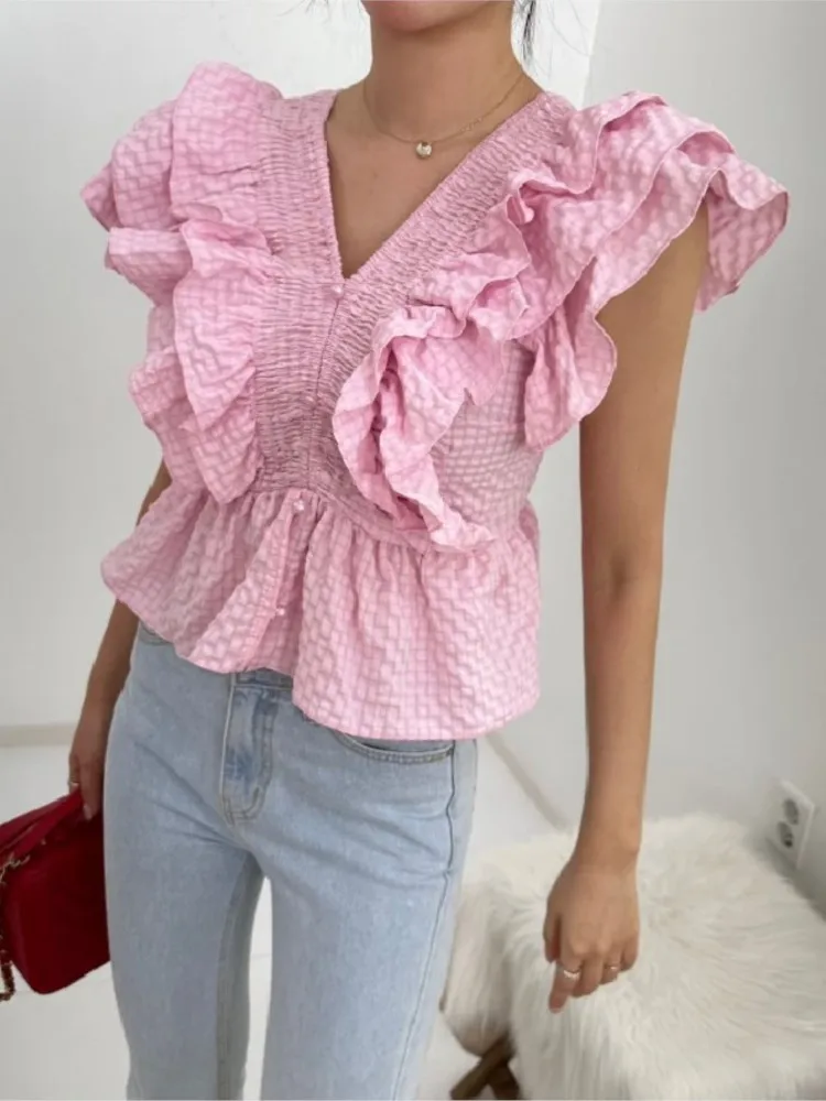 Summer V-Neck Shirts Tops Women Ruffle Pleated Slim Sexy Fashion Bodycon Ladies Cropped Blouses Korean Style Woman Shirts