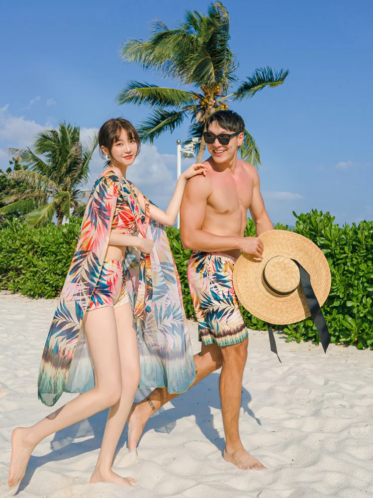 High Neck Swimsuit Print High Waist Swimwear 3 Pcs Bikini Set Women Men\'s Swim Shorts Summer Surfing Suit Couples Bathing Suit