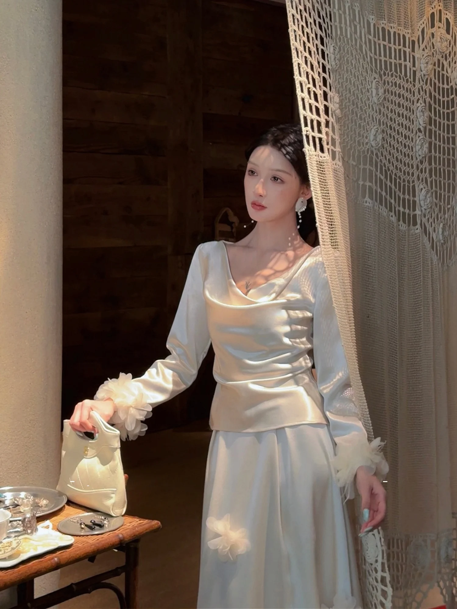 

Ele Ladylike White Magnolia Early Spring Long Skirt Set Original Design Gentlewoman Sle Women's Faion Spring Outfit