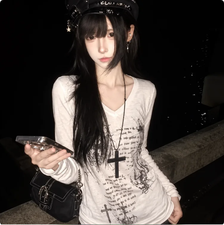 Women Gothic Cross Print V Neck Long Sleeve T Shirt Vintage Grunge Script Pattern Slim Fit Y2K Streetwear Fall Basic Tee