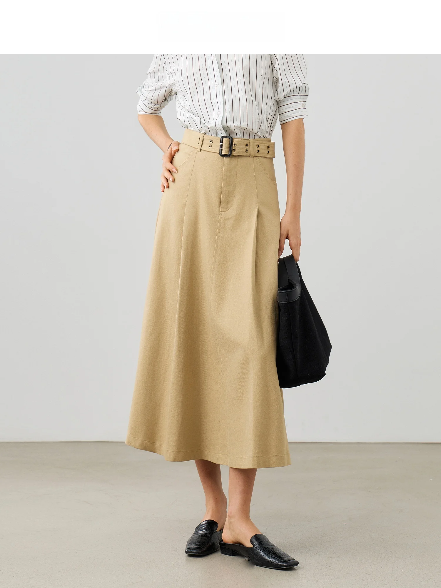 

Ele High Waist Knee-Length Cotton f Skirt with Belt Spring Xi Li Casual Sle A-Line Skirt for Middle-Aged Women