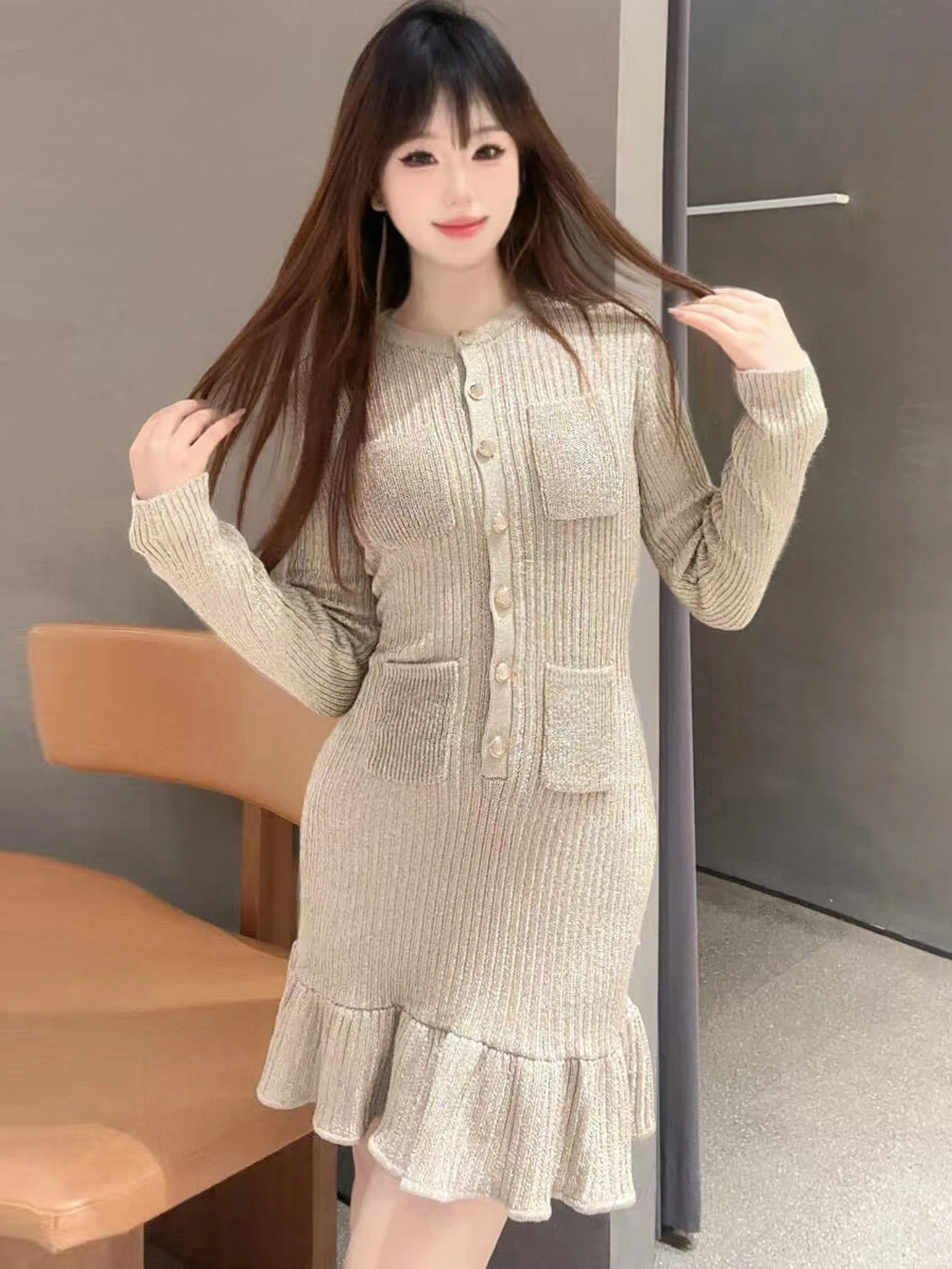 

Женское осеннее платье с высокой талией, вязаное, с длинным рукавом, А-силуэт, в французском стиле, модное, элегантное