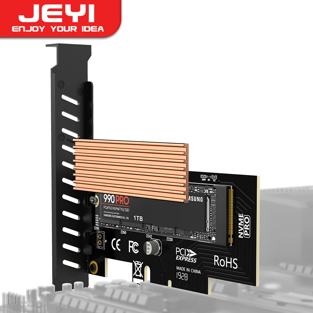 JEYI M.2 NVME naar PCIe adapterkaart met SSD-koellichaam, 64Gbps SSD PCIe 4.0 X4 uitbreidingskaart voor desktop-pc, Gen4 Gen3 Gen2