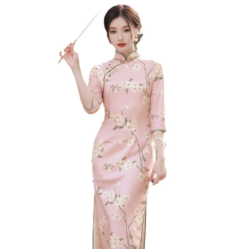 Elegant Print Qipao Chinese Style Costume Suede Fabric Long Cheongsam Stand Collar Mid Sleeve Side Slit Slim Fit Dress for Women