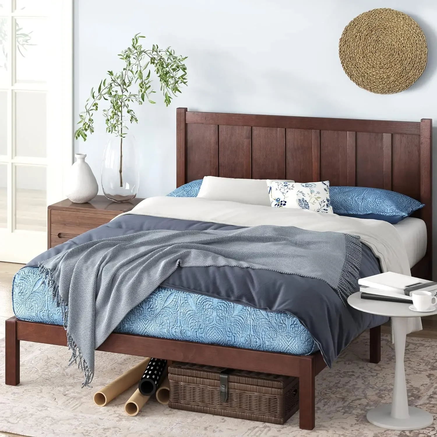 Wood Rustic Style Platform Bed with Headboard, No Box Spring Needed, Wood Slat Support, Queen