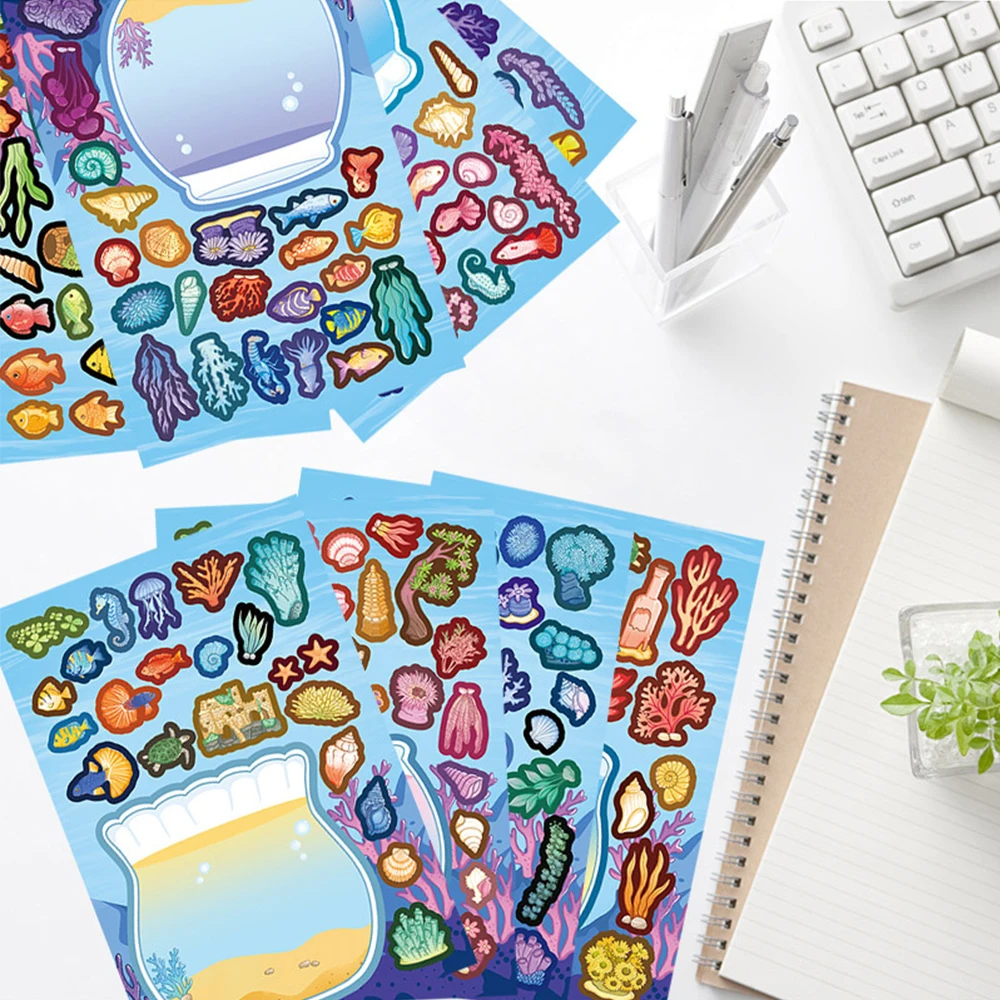 8/16 feuilles créatif aquarium Puzzle autocollants à la main bricolage Skateboard téléphone mignon assembler Puzzle autocollant fête d'anniversaire jouet cadeau