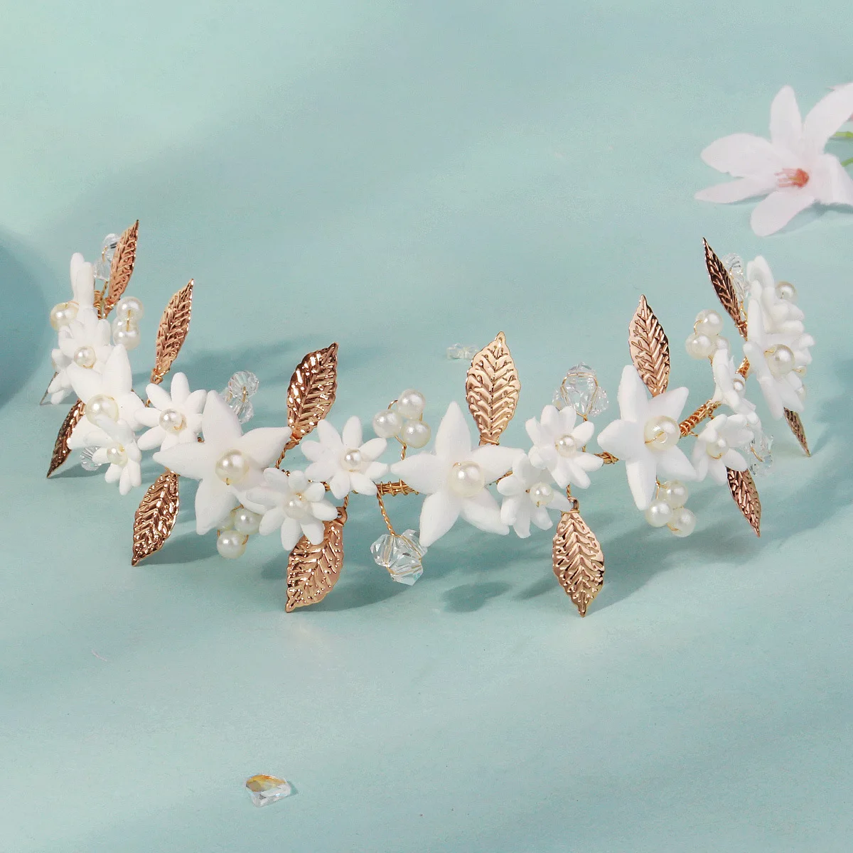 

Floralbride Handmade Crystal Rhinestones Pearls Porcelain Flower Bridal Tiara Headband Wedding Headpieces Women Hair Jewelry