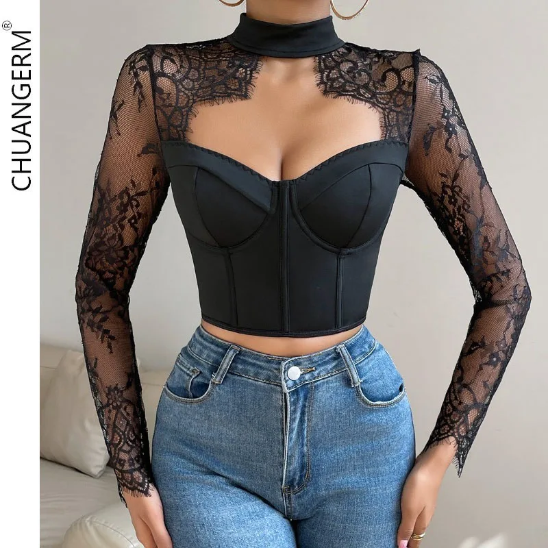 CHUANGERM Sexy Lace Embroidery Hollowing Mesh See Through Long Sleeve Backless Slim Blouses Y2K Fishbone Skinny Crop Top Women