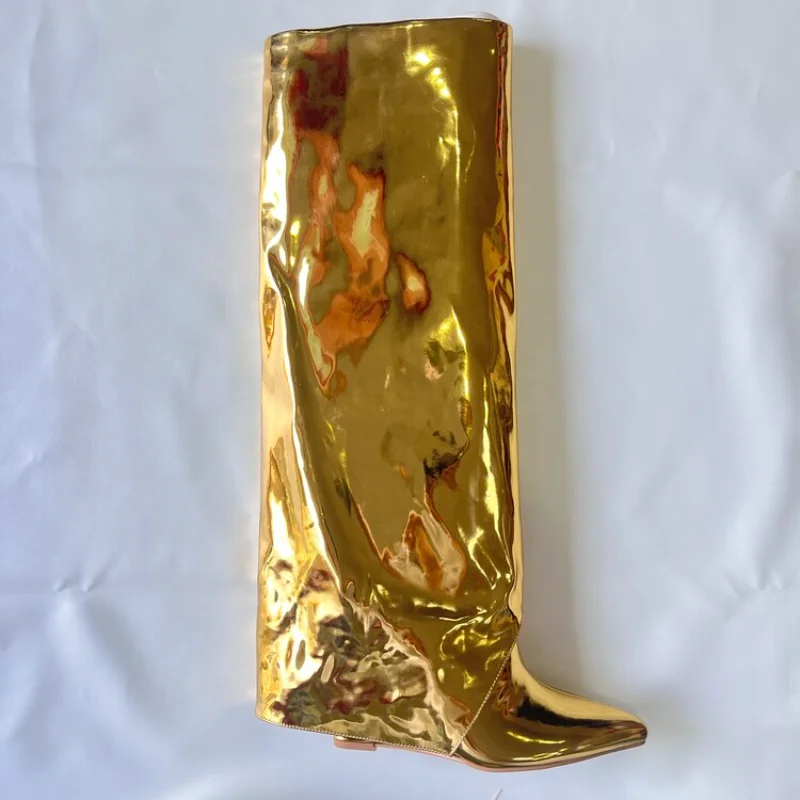 

2023 Latest Fantasy Wedge Heel Knee Length Boots European and American Fashion 35-44 Zipper Tip Gold Autumn Sexy Women's Boots
