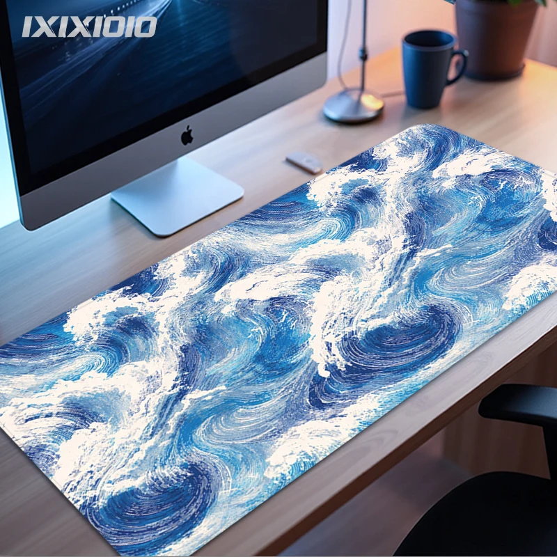 Abstract White And Blue Waves Mouse Pad Gamer printon demand New HD Mousepad XXL Mechanical Keyboard Pad Table Mat Mouse Mats