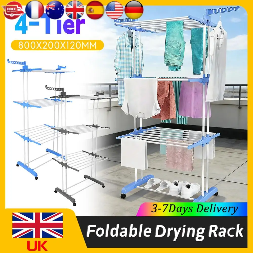 

4-Tier Laundry Drying Rack Expandable Movable with Wheels Free Standing Rolling with Drying Poles Side Wings for Clothes Shoes ﻿