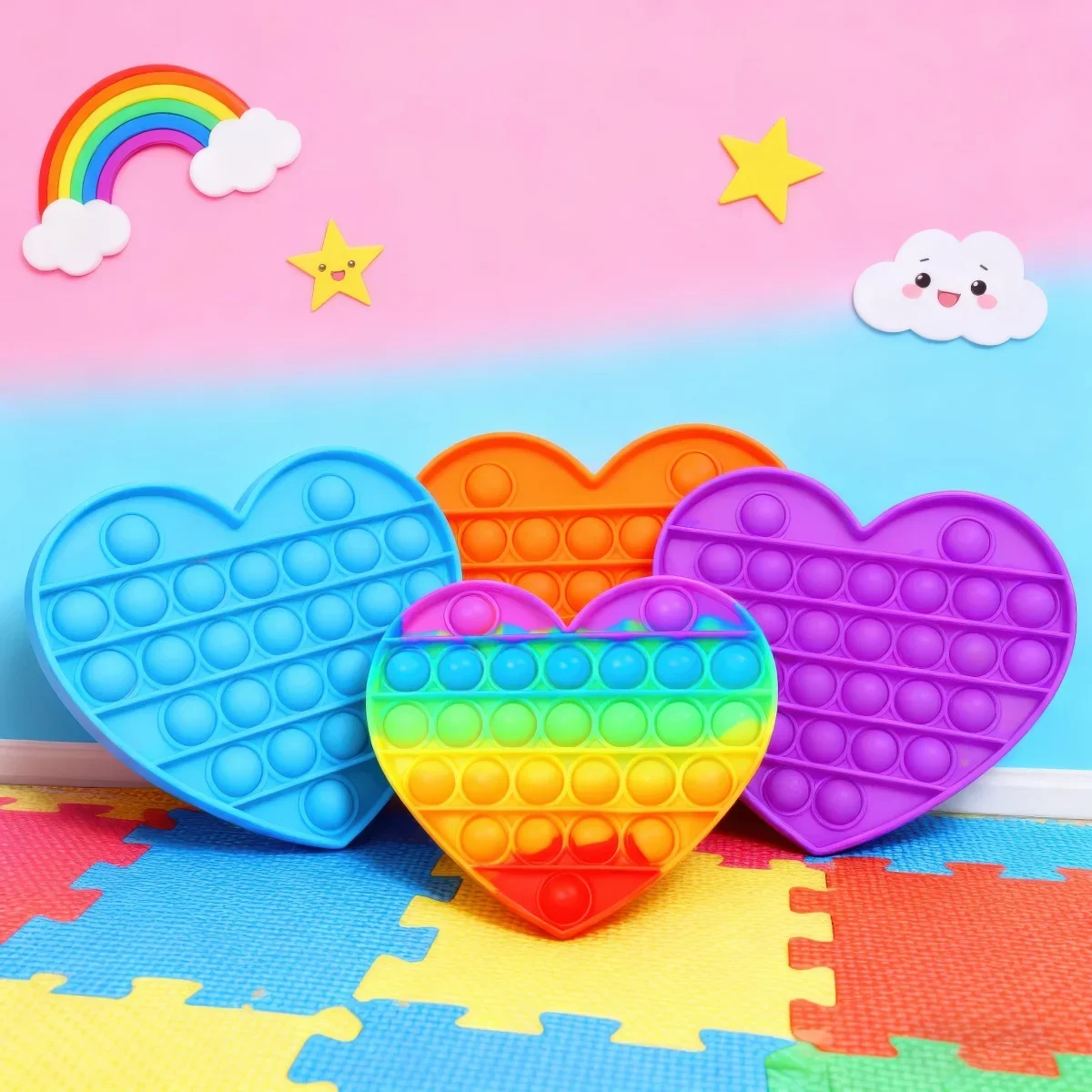 1pc Sensory Toys Rainbow Heart Fidget Toys Children Push Autism Needs Squishy Stress Reliever Toy for Kids Adults (Random Color)