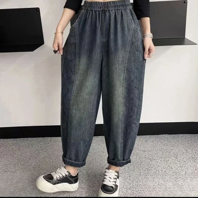 

y2k Autumn New Minimalist Denim Pants, Elastic Waist Vintage Dad Jeans, 9-Point Loose Harlan Plus Size Slim Fit Casual Trousers