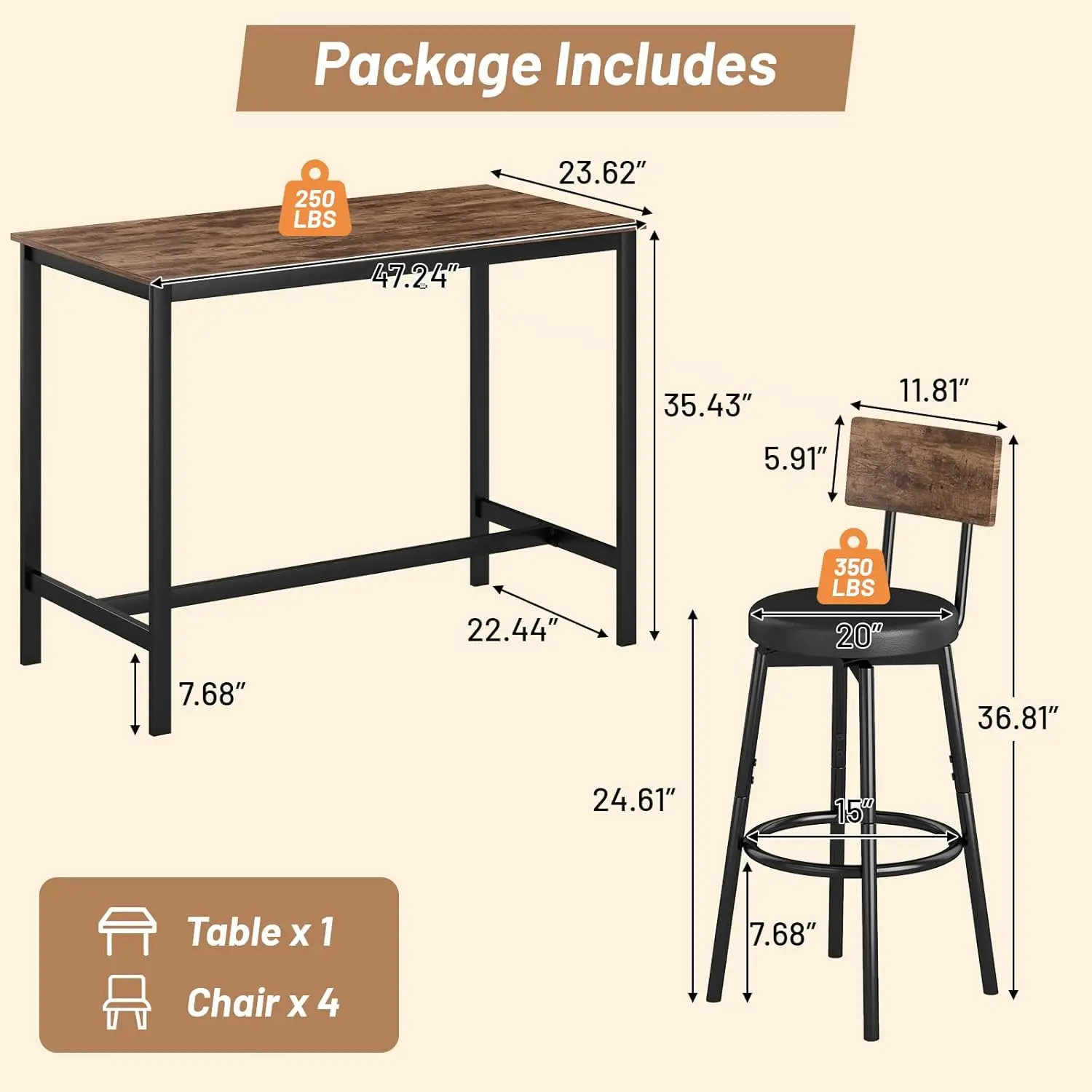 Set for 4, 5-Piece Bar Set, Kitchen and Chairs, Counter Height High Top with 4 PU Upholstered Stools, Sp