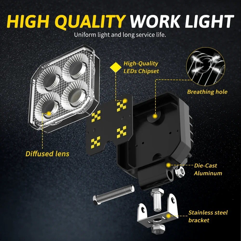 HAOLIDE 4INCH LED Square Work Light 12V 24V IP68 6000K LED Pods for Truck ATV off-road use Agricultural Engineering Vehicle