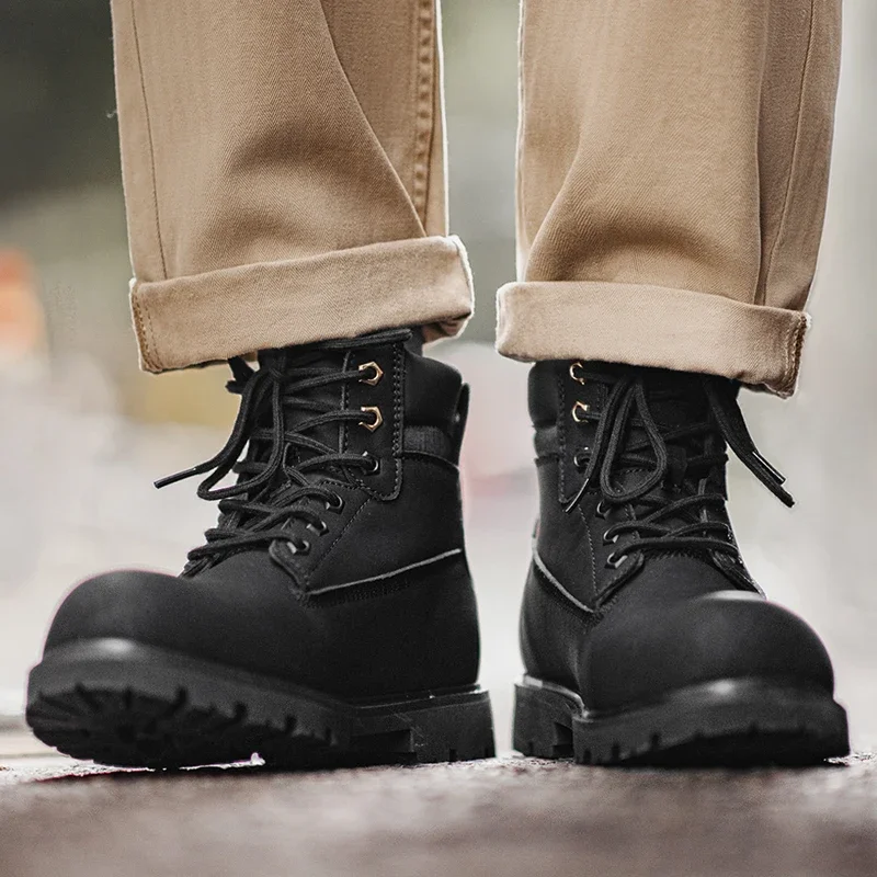 Maden الرجال تنوعا أحذية سوداء برقبة أفخم بطانة الدفء الأحذية الرجعية عدم الانزلاق سميكة وحيد أحذية عمل في الهواء الطلق أحذية منتصف العجل غير رسمية