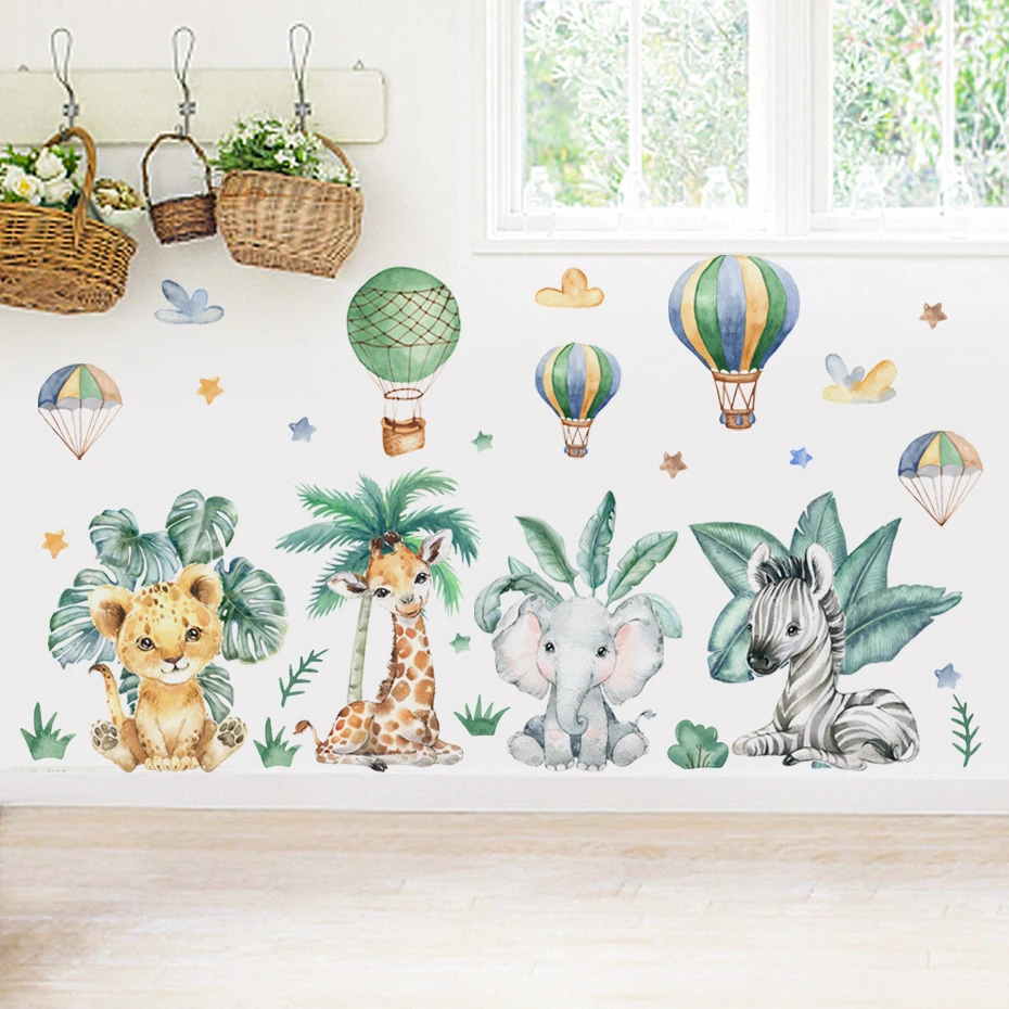 Cartoon Jungle Animals Leaves Watercolor Vinyl Wall Stickers for Kids Room Baby Nursery Room Decoration Elephant Giraffe Sticker