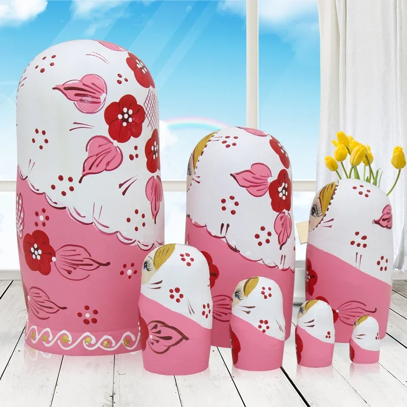 7 Layer Russian Nesting Doll Pink Bee& Flowers Dry Basswood Traditional Ethnic Matryoshka Doll DIY Education Wooden Toys L30