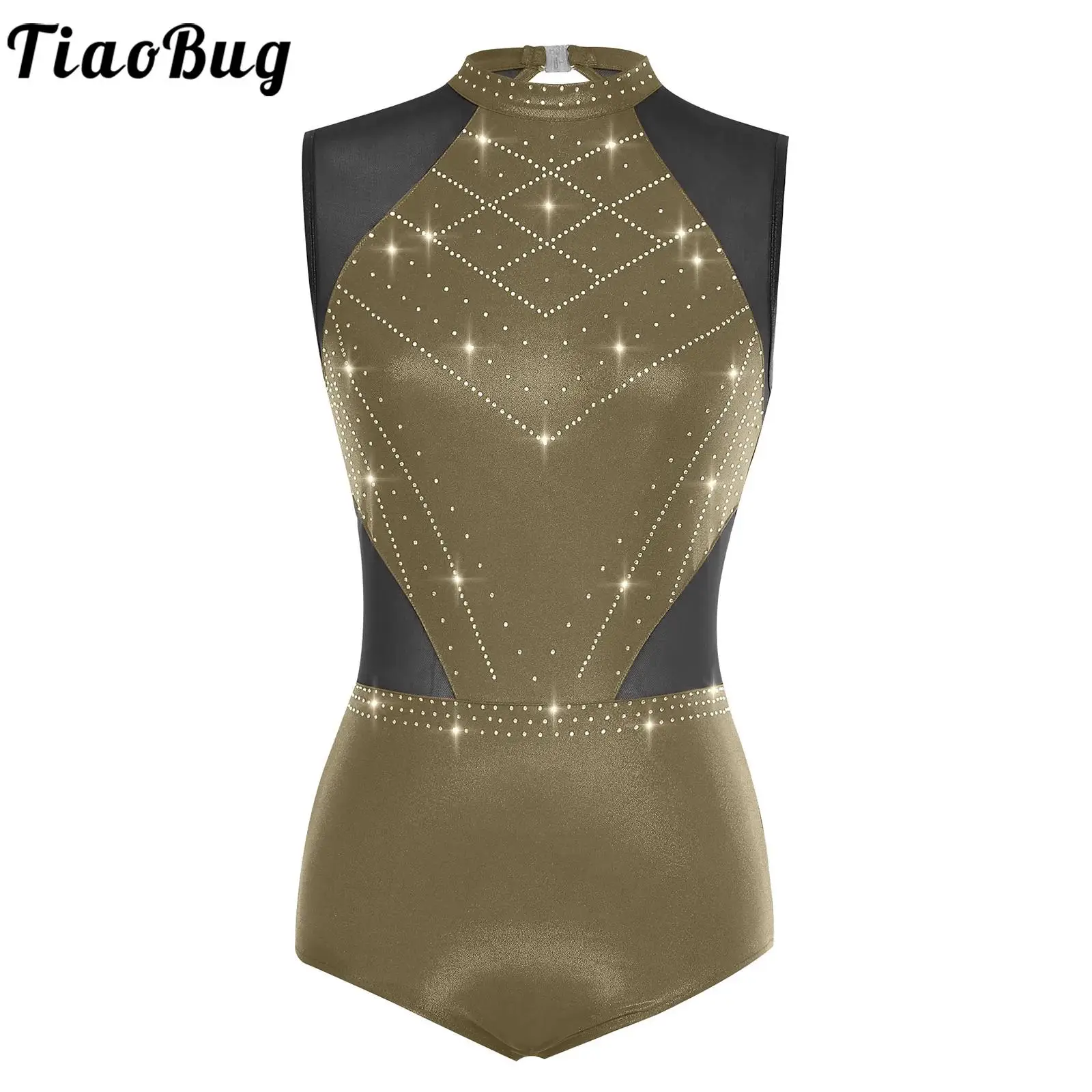 

Women Shiny Rhinestones Gymnastics Leotard Ballet Dance Classical Rhythmic Unitards Sleeveless Mesh Patchwork Bodysuit Dancewear