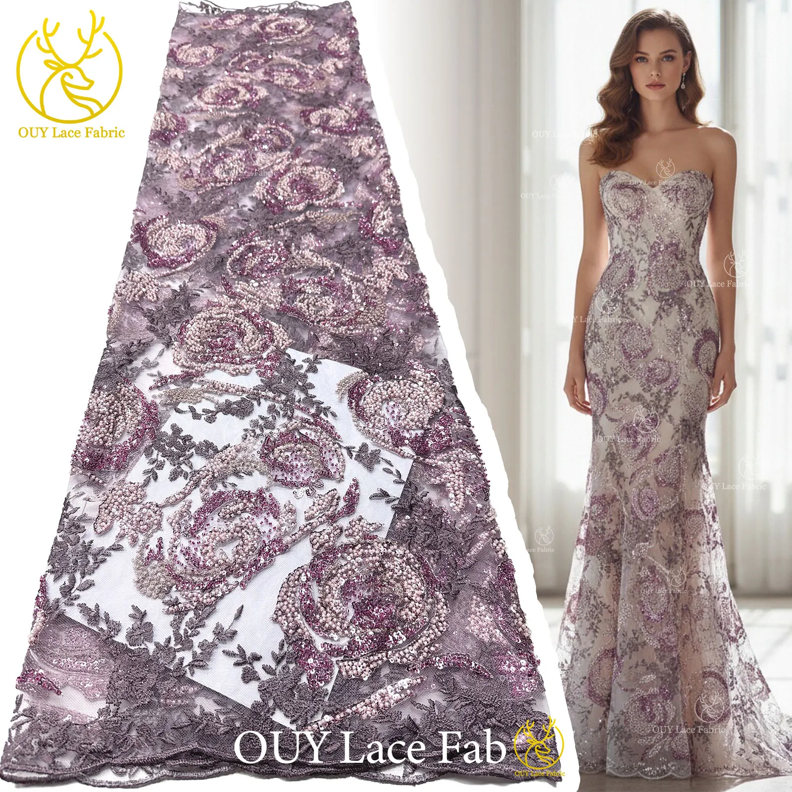 

Fashion Dress Embroidery Lace Sequins African Lace Fabric 2026 Pink French Beaded Lace Nigerian Party Dress Sewing Supplies 5Y