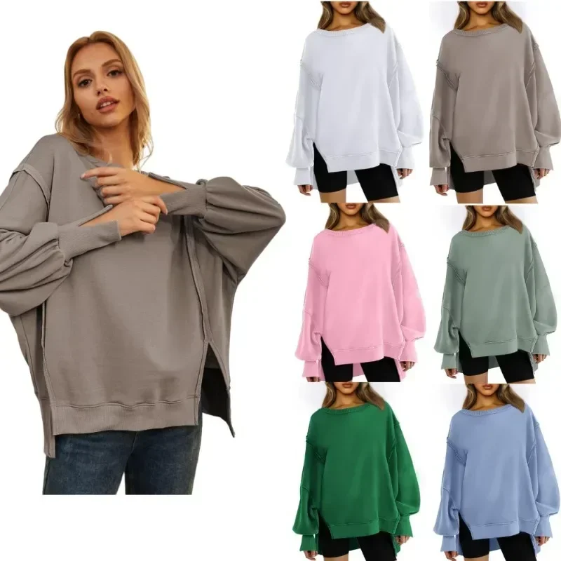 Women's Daily Sweatshirt Oversized Round Neck Solid Color Casual Pullover Tops Mujer Split Long Sleeve Spring Autumn T-Shirts