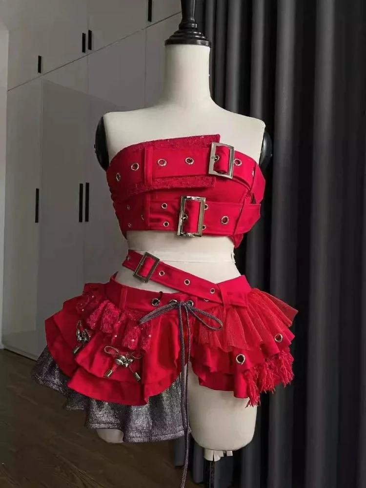 

Summer Punk Vintage 2 Piece Set Woman Y2k Design Strapless Crop Tops + High Waist Ruffle Skirt Korea Fashion Chic Party Outfits