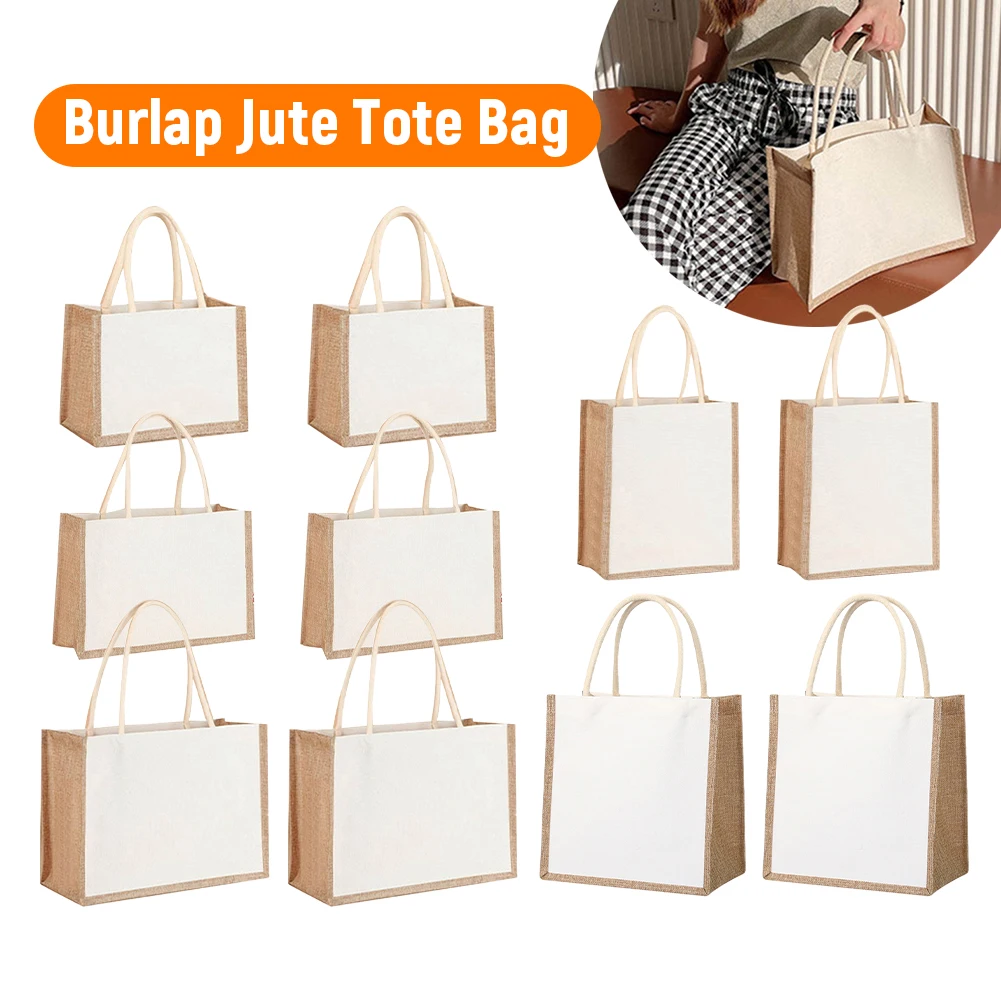 Women Grocery Tote Handbag Large Capacity Canvas Top-handle Jute Handbag Contrast Color Ladies Outdoor Handbag